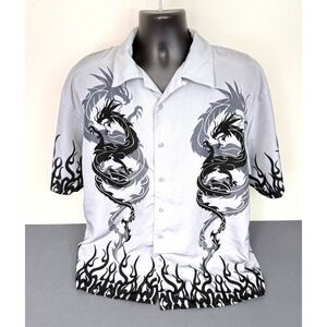 City Impact Men's Double Dragon Flames Button Front Shirt White Size Large